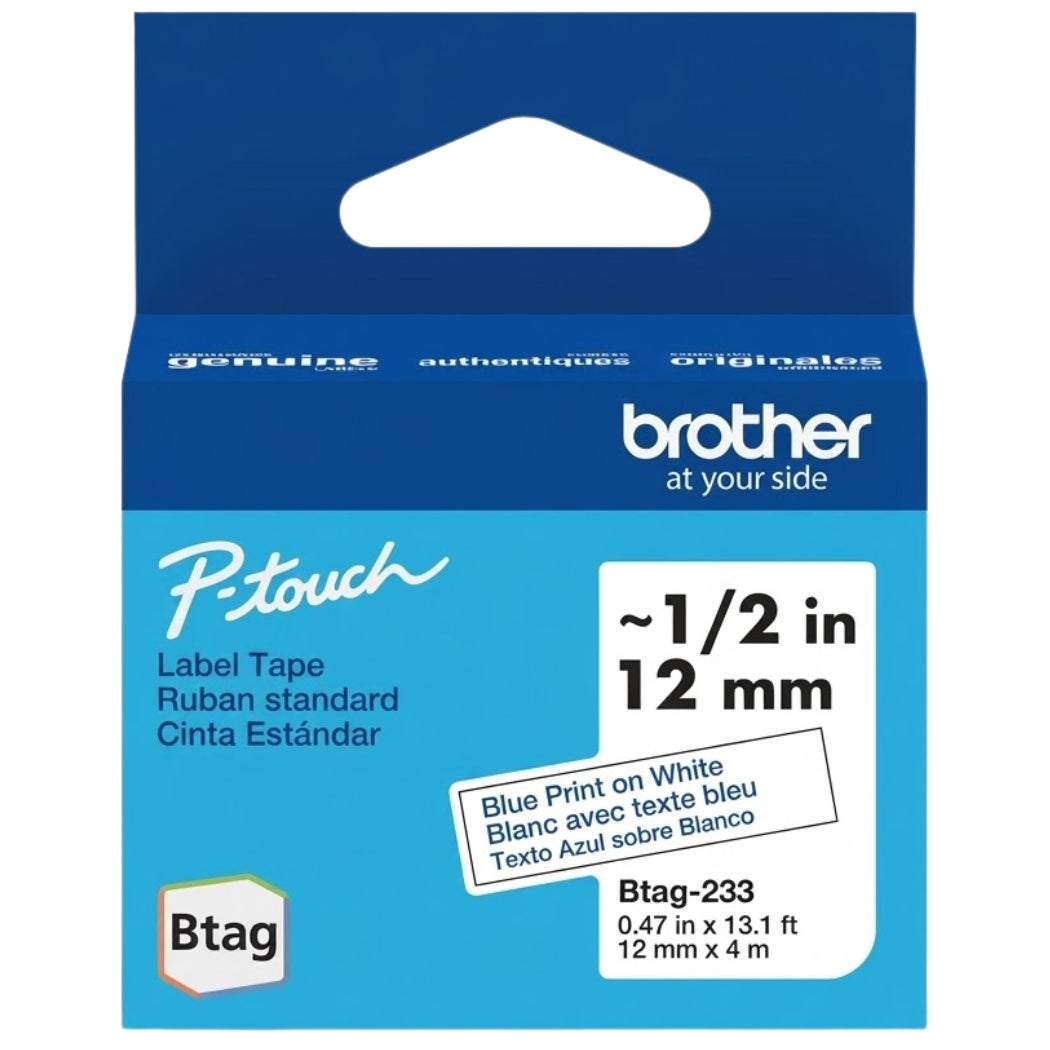 New, Pre-owned, Brother P-Touch Btag BTAG233 Blue on White Label Tape ~1/2in by 13.1ft (12mm x 4m)