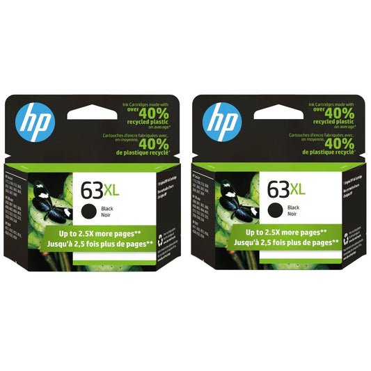 New, Pre-Owned - High Yield HP 63XL (F6U64AN) Black Ink Cartridge - 2 Pack
