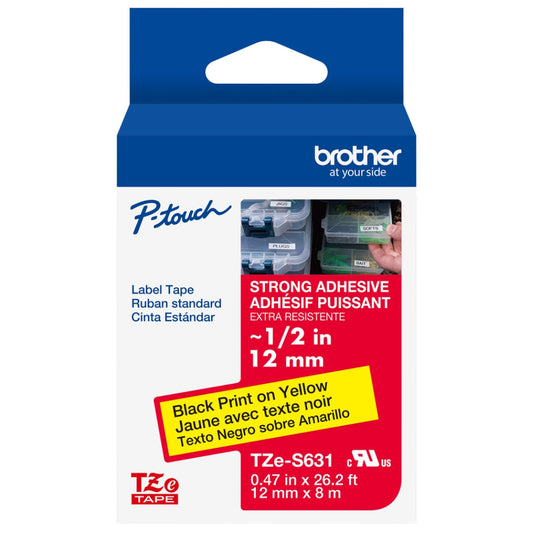 New, Pre-owned, Genuine Brother P-Touch, Black on Yellow Extra Strength Adhesive Laminated Tape TZe-S631 0.47" (12mm) x 26.2ft (8m)