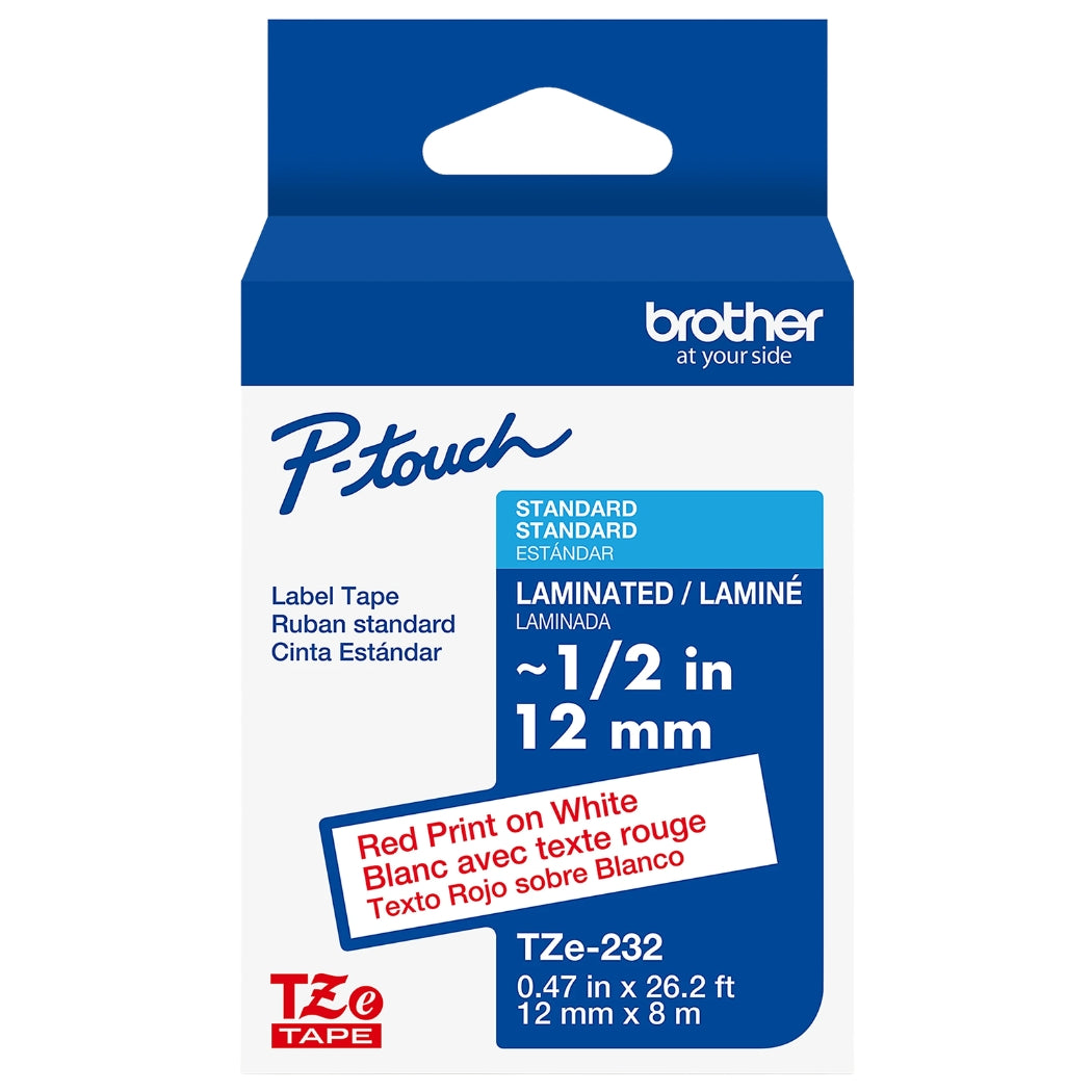 New, Pre-owned, Brother P-Touch TZE-232 Tape, 1/2" (0.47 mm) Standard Laminated P-Touch Tape, Red on White Laminated for Indoor or Outdoor Use, Water-Resistant 26.2 ft (8m)