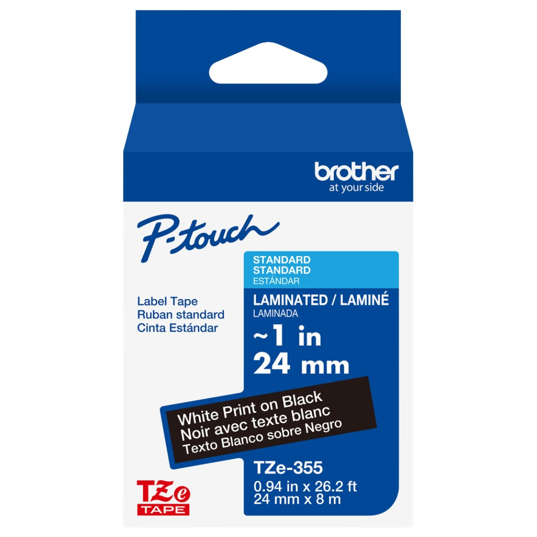 New, Pre-owned, Brother P-Touch TZE-355 Tape, 1" (0.94") Wide Standard Laminated Tape, White on Black, 0.94" x 26.2' (24mm x 8M), TZE355