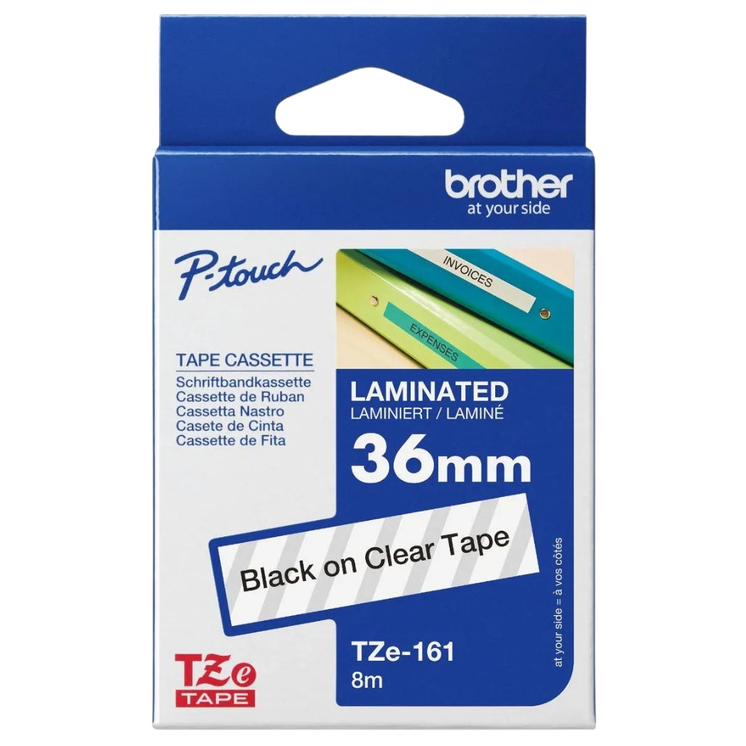 New, Pre-owned, Original Brother TZe-161 Labelling Tape Cassette, 36 mm (W) x 8 m (L), Laminated, - Black on Clear